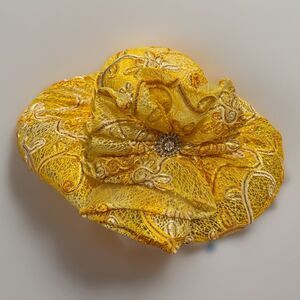 Yellow Kentucky Derby Church Hat Wide Brim Embroidered Sequined Appliqués